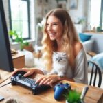 Young lady playing games on computer for money.