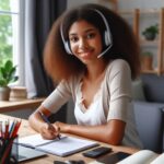 A young woman works from home and has a remote job.