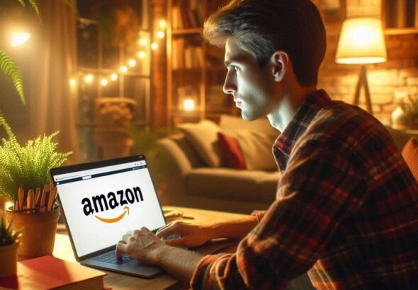 A man looking for remote jobs and work from home on Amazon.