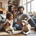A family is happy to get free stuff for their pets.