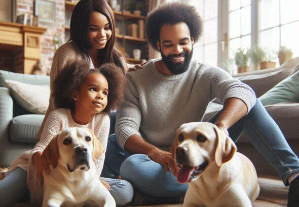 A family is happy to get free stuff for their pets.