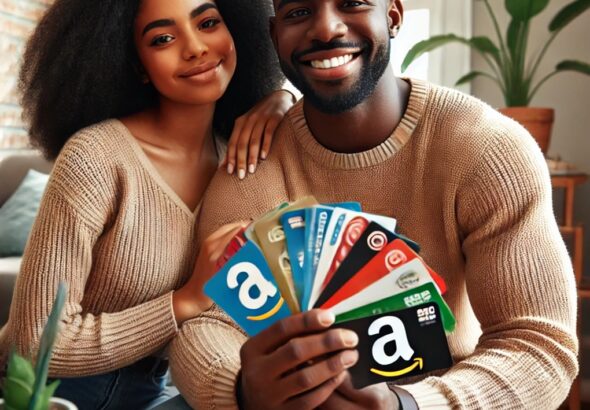A happy couple smiling and holding free gift cards, showcasing how easy it is to save money and enjoy life with legitimate money-saving tips.