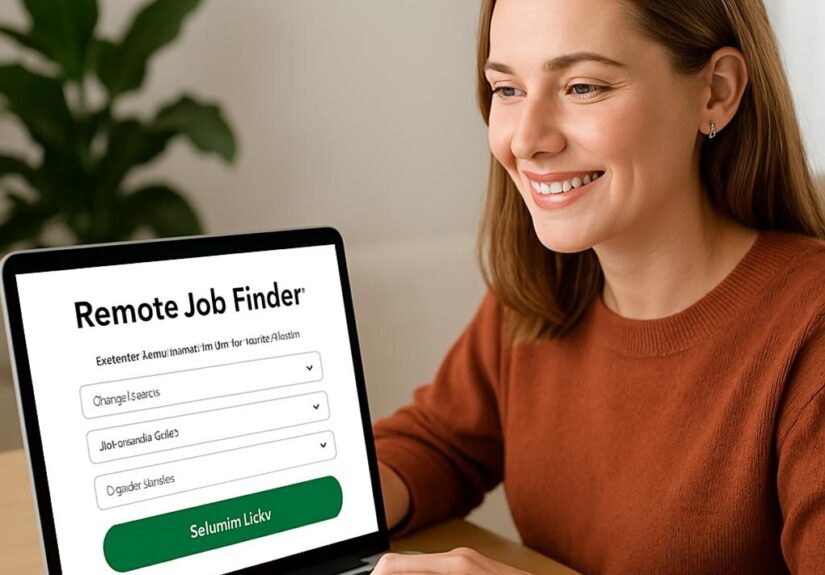 Person searching for remote job opportunities on a laptop using a remote job finder tool.