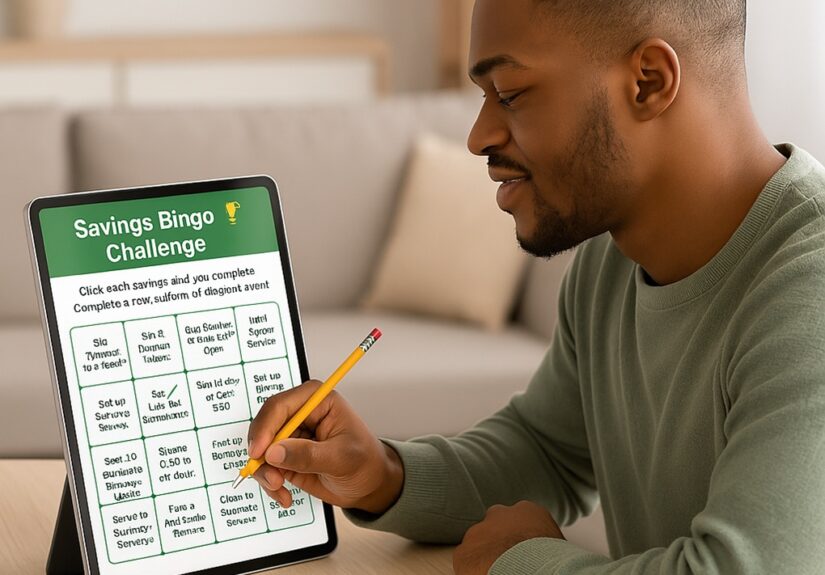 Person playing Savings Bingo Challenge on a mobile device, crossing off goals to save money.