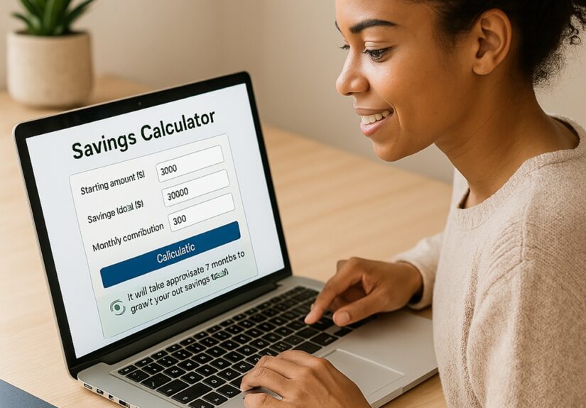 Person using Savings Calculator tool on a laptop to track financial goals and manage savings.