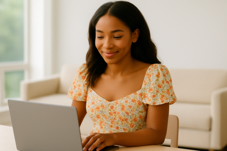 A woman taking an online survey on her laptop at home.