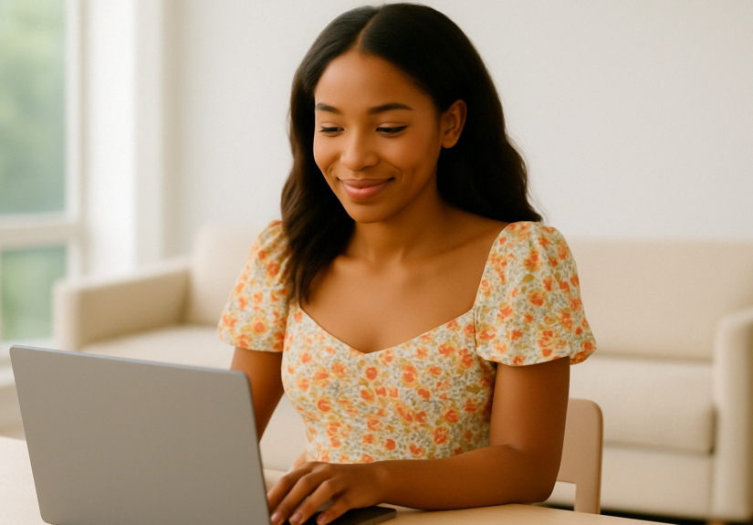 A woman taking an online survey on her laptop at home.