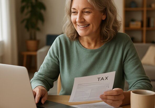Middle-aged woman doing taxes on a laptop at home in 2025 with coffee and documents nearby.