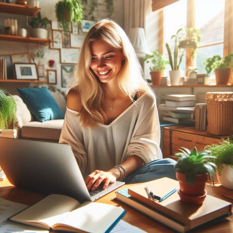 A woman is making extra money with online surveys.