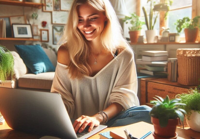 A woman is making extra money with online surveys.
