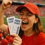Fans are celebrating at a sports game, holding free team gear and merchandise.