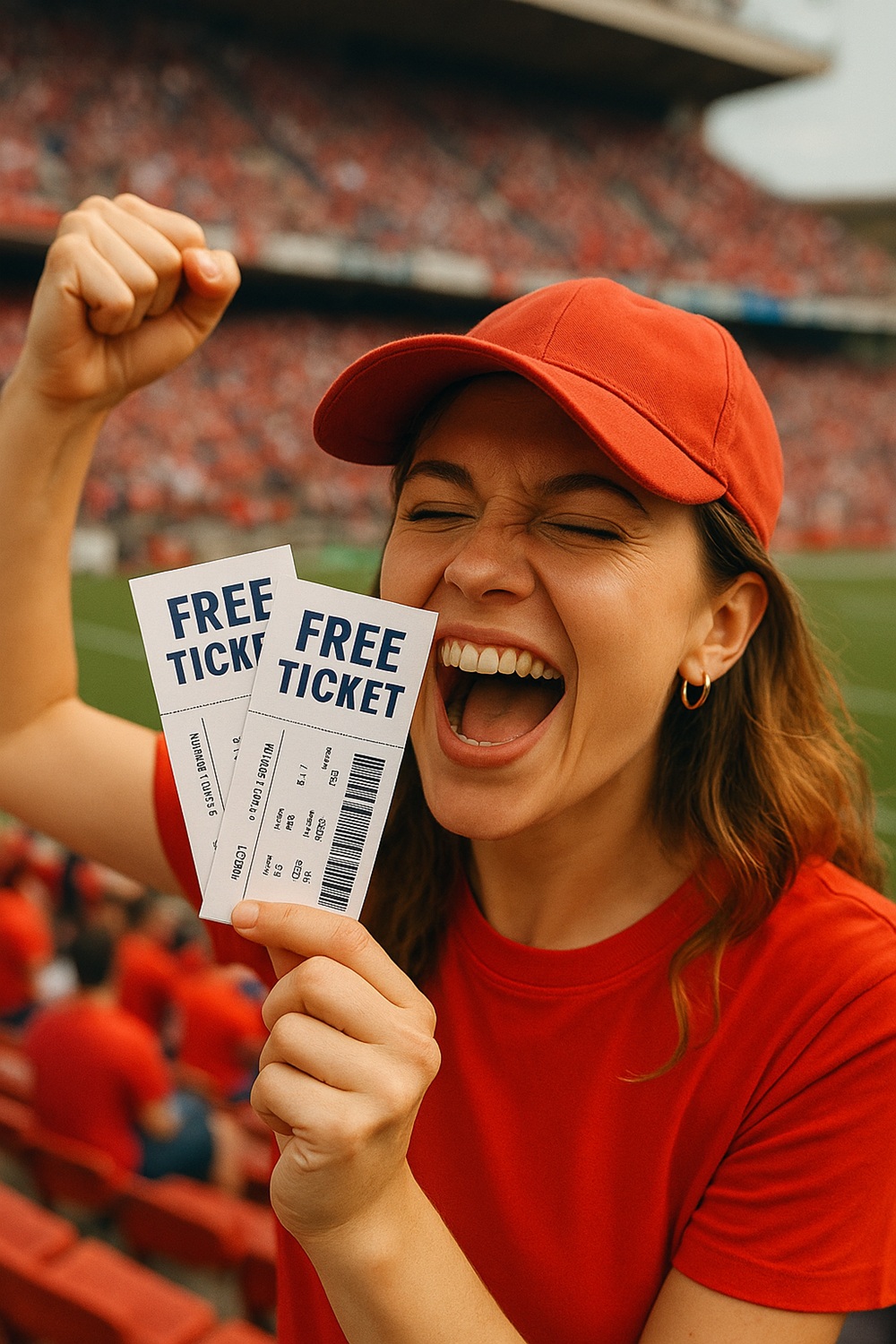 Fans are celebrating at a sports game, holding free team gear and merchandise.