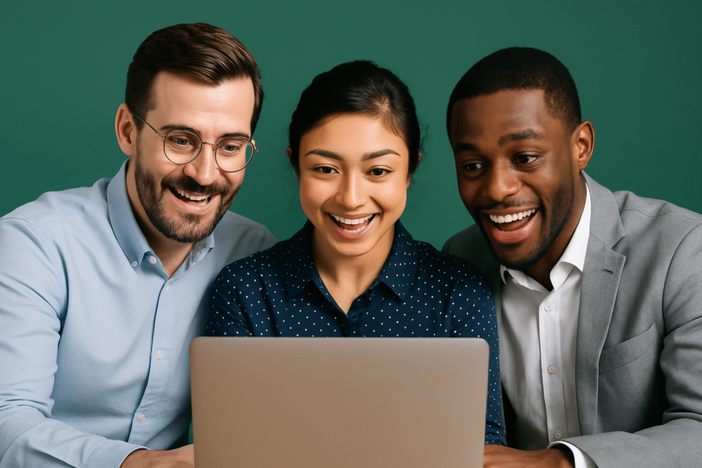 Three diverse global residents looking at Ways to Make Money in US Dollars digital guide on laptop screen