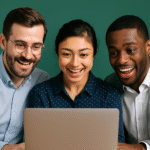 Three diverse global residents looking at Ways to Make Money in US Dollars digital guide on laptop screen