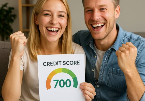 Happy couple celebrating as one of them reaches a 700 credit score