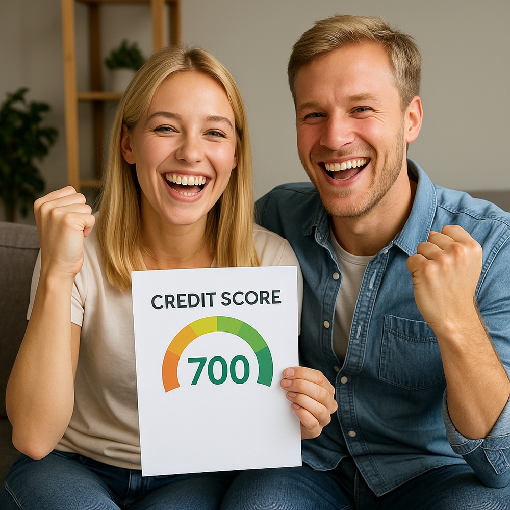 Happy couple celebrating as one of them reaches a 700 credit score