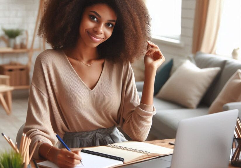 A woman taking an online survey on her laptop at home.