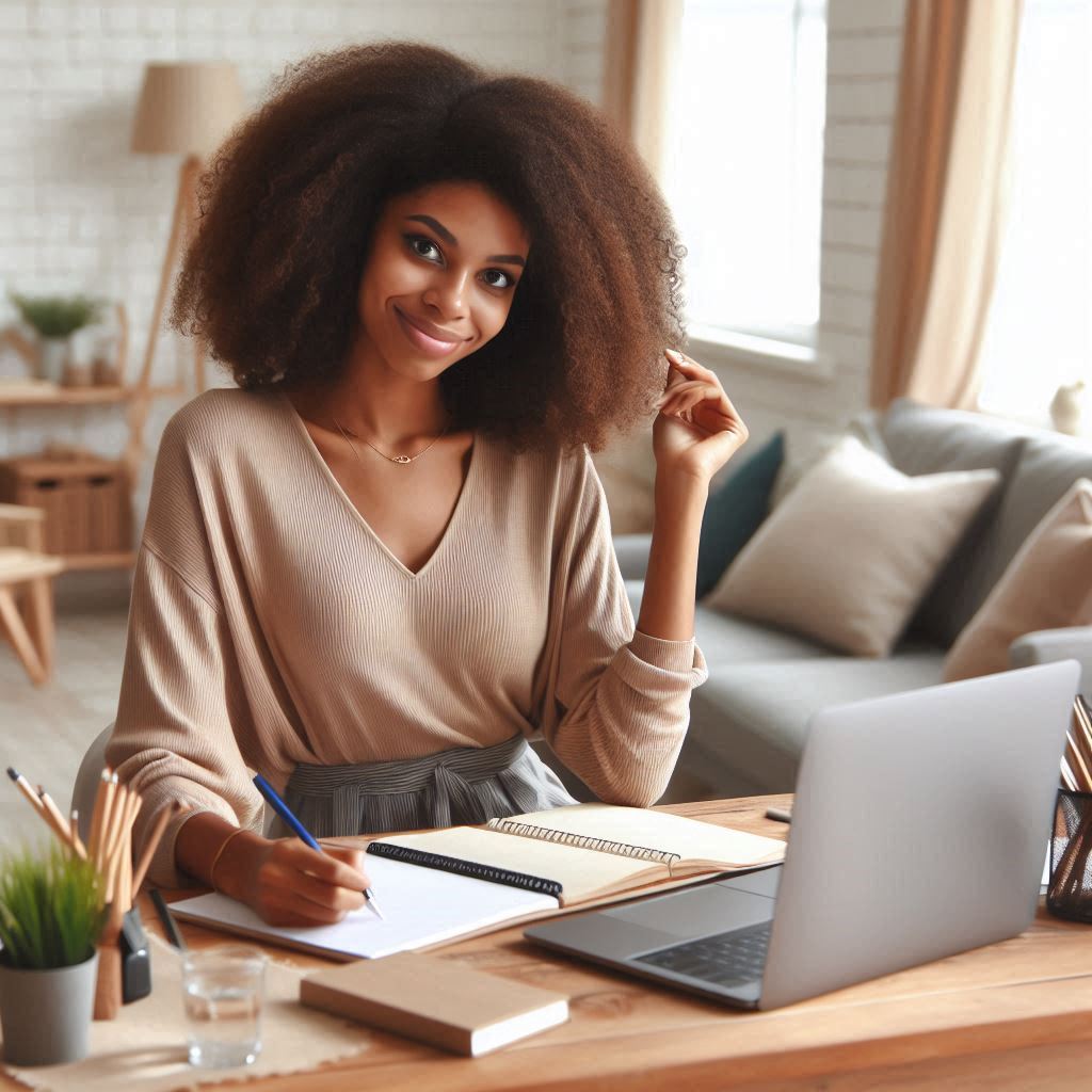 A woman taking an online survey on her laptop at home.