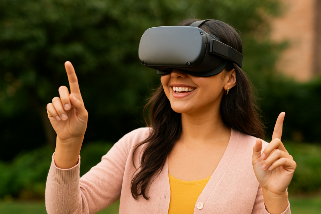 Smiling woman using a VR headset, representing making money in the metaverse and exploring virtual world income opportunities