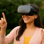 Smiling woman using a VR headset, representing making money in the metaverse and exploring virtual world income opportunities