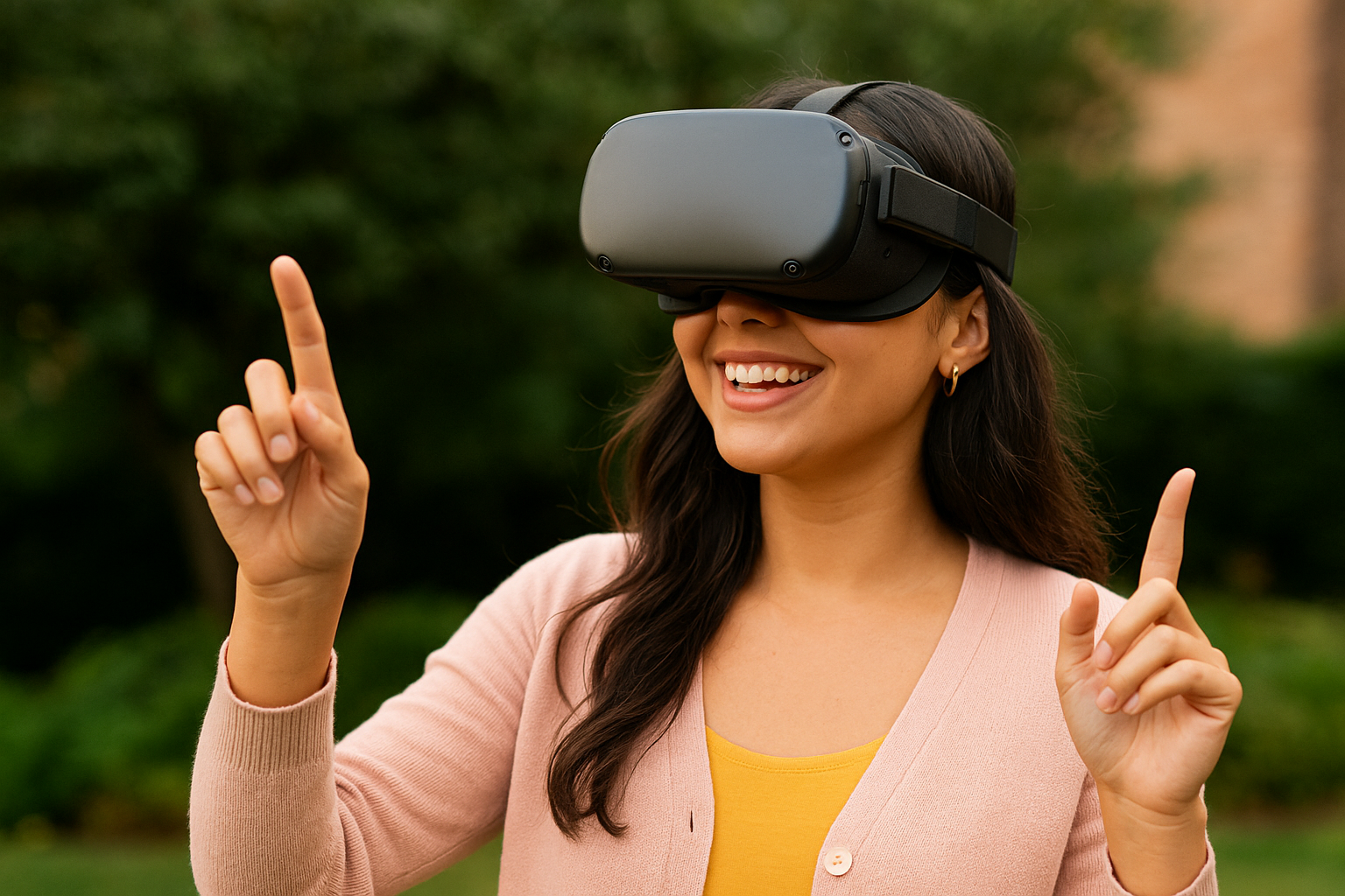 Smiling woman using a VR headset, representing making money in the metaverse and exploring virtual world income opportunities