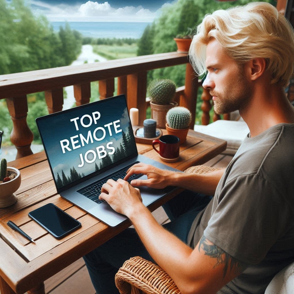 Man searching for remote jobs and work from home jobs on his computer.