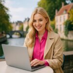 Working on a laptop outdoors in Europe, symbolizing international work at home jobs.