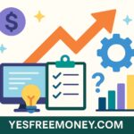Flat-style infographic showing financial growth icons like a bar chart, arrow, checklist, and gear, with “YESFREEMONEY.COM” at the bottom — visual branding for the blog post Economy Proof Your Income in 2025 and Beyond.