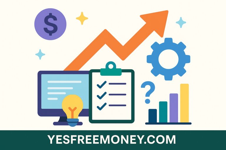 Flat-style infographic showing financial growth icons like a bar chart, arrow, checklist, and gear, with “YESFREEMONEY.COM” at the bottom — visual branding for the blog post Economy Proof Your Income in 2025 and Beyond.