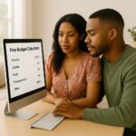 Smiling couple tracking income and expenses with the YesFreeMoney free budget calculator on a laptop.