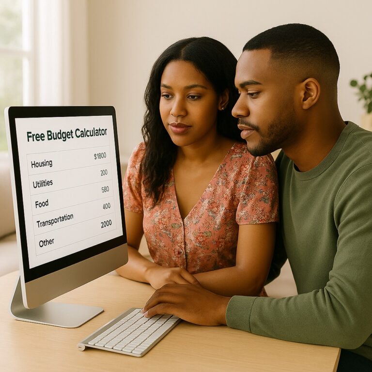 Smiling couple tracking income and expenses with the YesFreeMoney free budget calculator on a laptop.