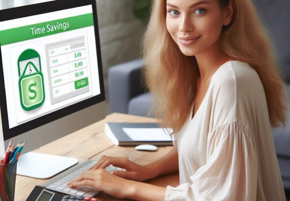 Woman using YesFreeMoney.com's Free Time Savings Calculator on computer