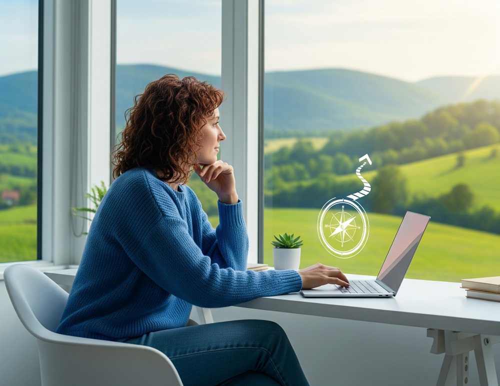 Remote worker in a home office with a laptop and a scenic view, representing flexible earning and remote jobs insights.