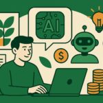 Illustration representing 30 legitimate ways to make money with AI tools, showing a person using a laptop surrounded by digital income icons like coins, AI, and automation symbols.