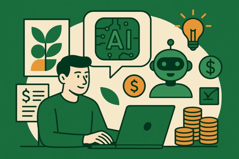 Illustration representing 30 legitimate ways to make money with AI tools, showing a person using a laptop surrounded by digital income icons like coins, AI, and automation symbols.