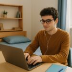 A young man in a dorm room is working on a laptop, illustrating remote job flexibility for college students.