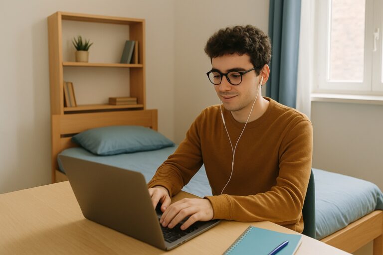 A young man in a dorm room is working on a laptop, illustrating remote job flexibility for college students.