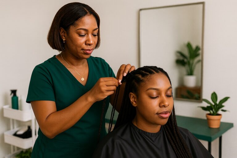 Black haircare stylist braiding hair in a professional home business salon setup