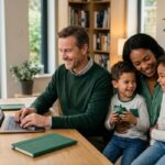 A happy family together as the father uses a laptop to make money at home in 2026.