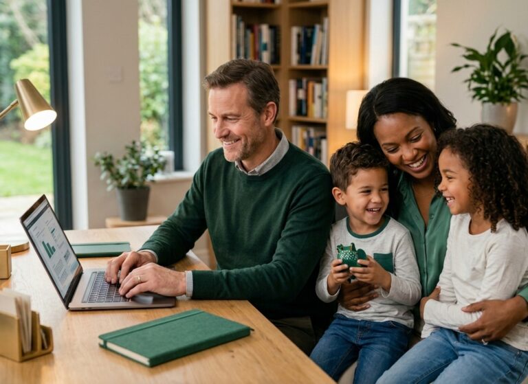 A happy family together as the father uses a laptop to make money at home in 2026.